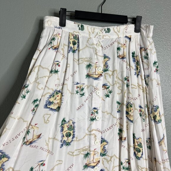 Vintage Full Button Midi Skirt Tropical Map Ocean Voyage Print w/ Pockets L - Picture 3 of 7
